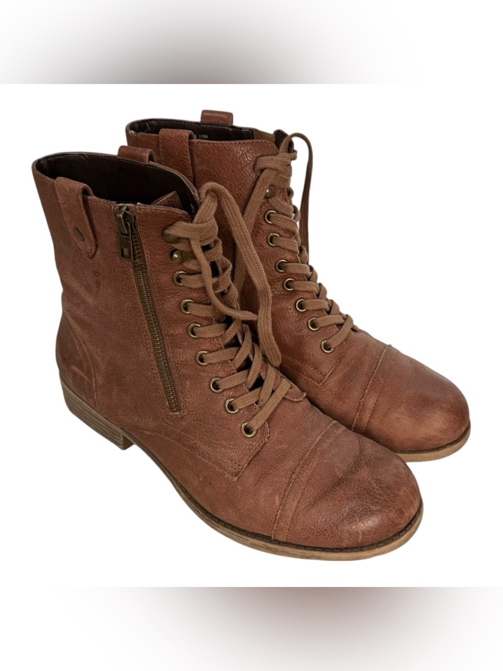 Tara M Harlow Brown Leather Combat Ankle Boots Lace Up Zip Womens Size 8.5